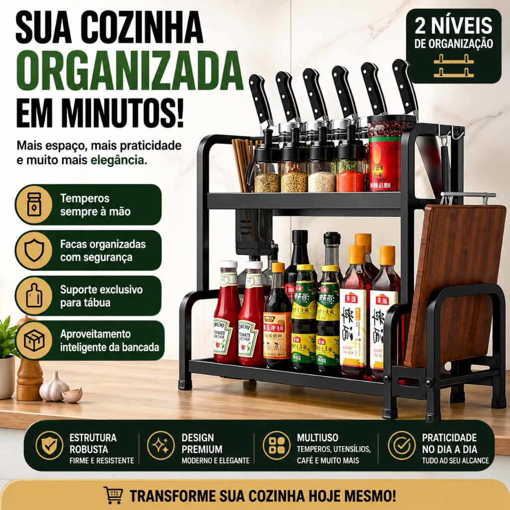 Organizador de Bancada Premium 2 Níveis – Suporte para Temperos, Facas e Tábua de Corte