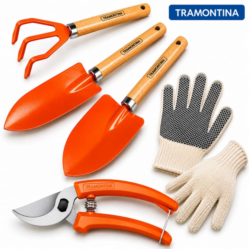 Kit Jardinagem Tramontina 4 Peças De Ferramentas Para Jardinagem + Luva Tricotada Antiderrapante