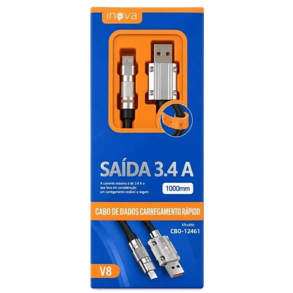 Cabo Inova V8 Micro USB Turbo 3.4A Carregamento Rápido Reforçado CBO-12461 Metálico 1 Metro Original