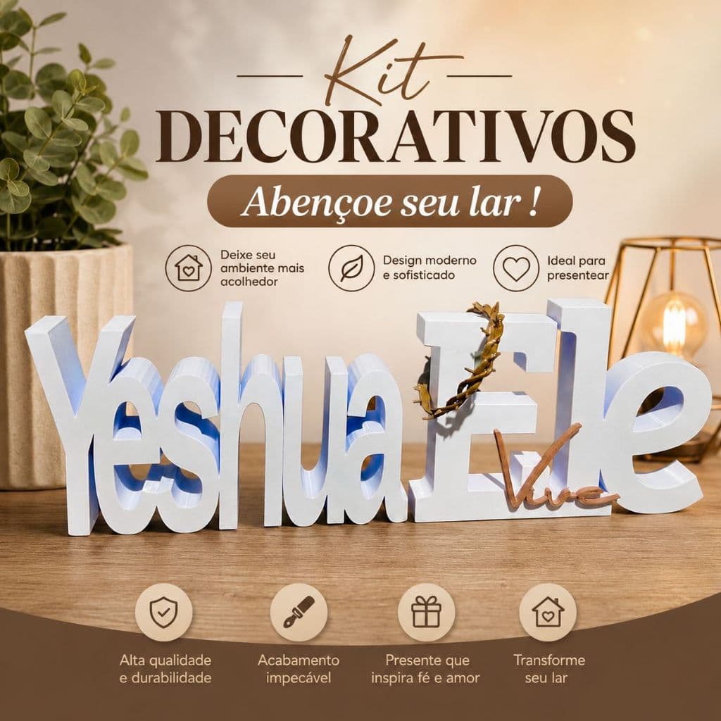 Kit Decorativo Palavra Yeshua+Ele Vive - Fé Vida em Jesus Cristão P/ Mesa Estante e Aparador Igrejas