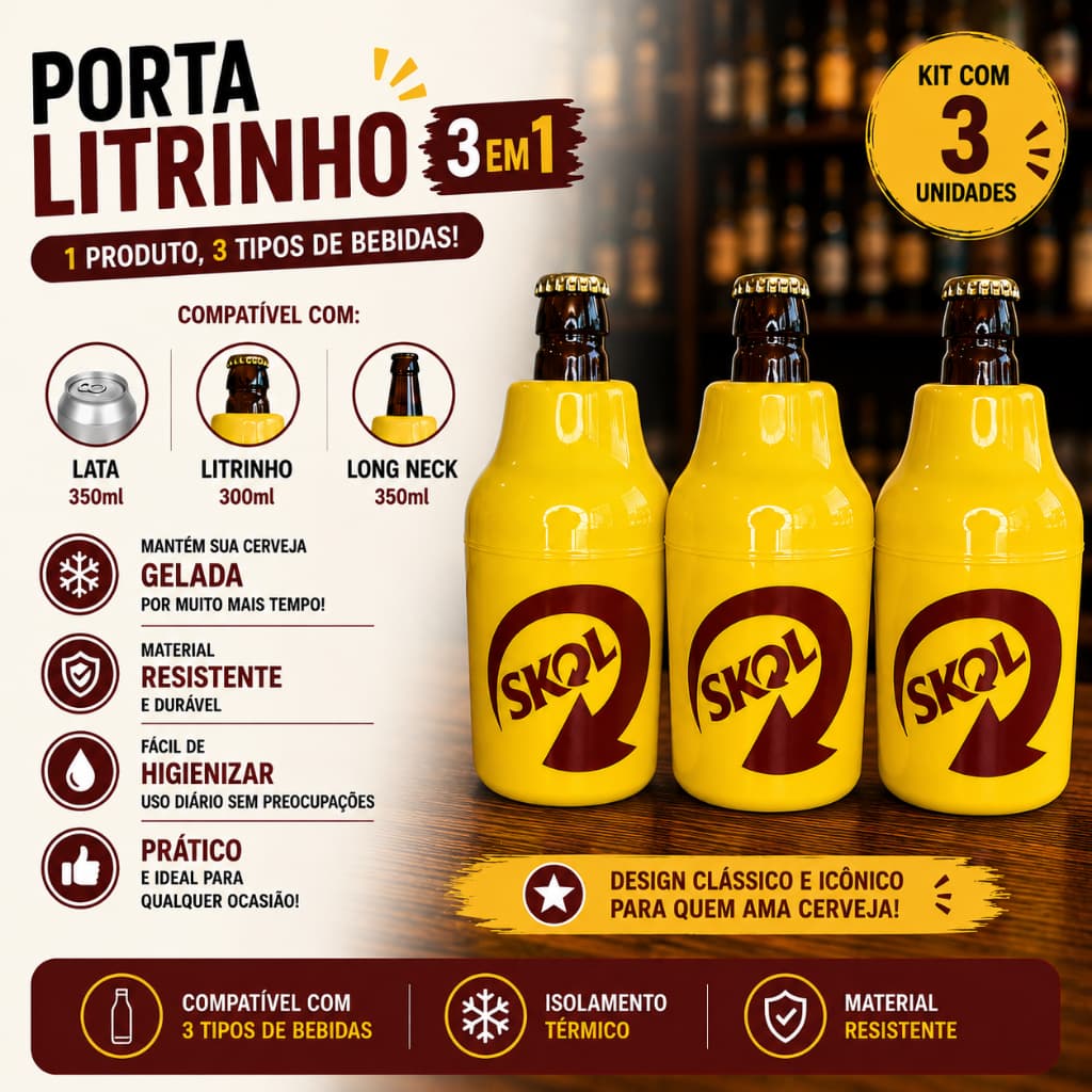 3 Porta Piriguete Marca Skol 300ml Suporte Cerveja Térmico Lata Long Neck