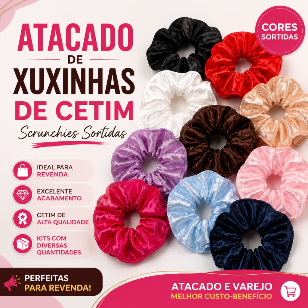 Atacado Xuxinha de Cetim Revenda | Scrunchie Elástico para Cabelo | Cores Sortidas
