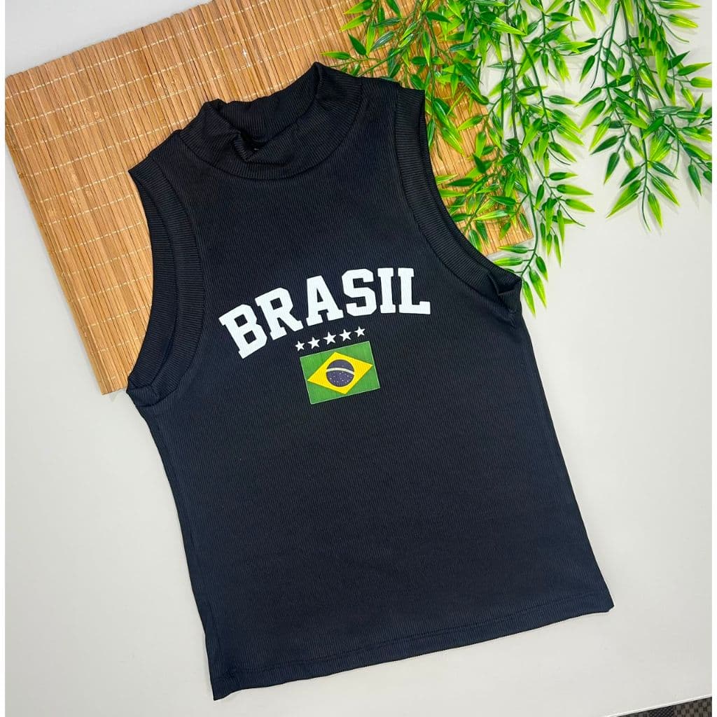Blusa Brasil Feminina Gola Alta Canelada Sem Mangas Estampa Frontal Moda Casual Conforto Elegante