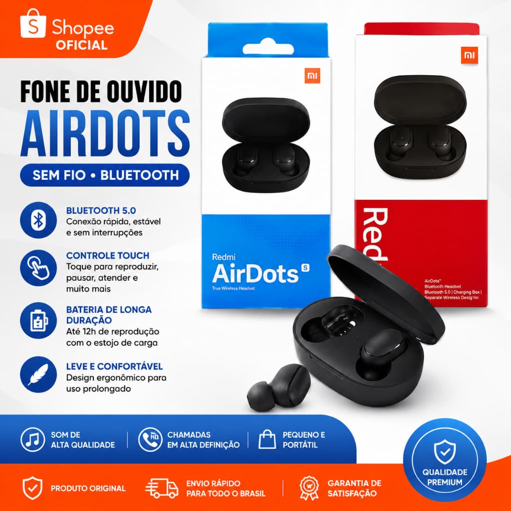 Fone Bluetooth Sem Fio AirDots2 TWS Android iPhone Com Estojo Carregador