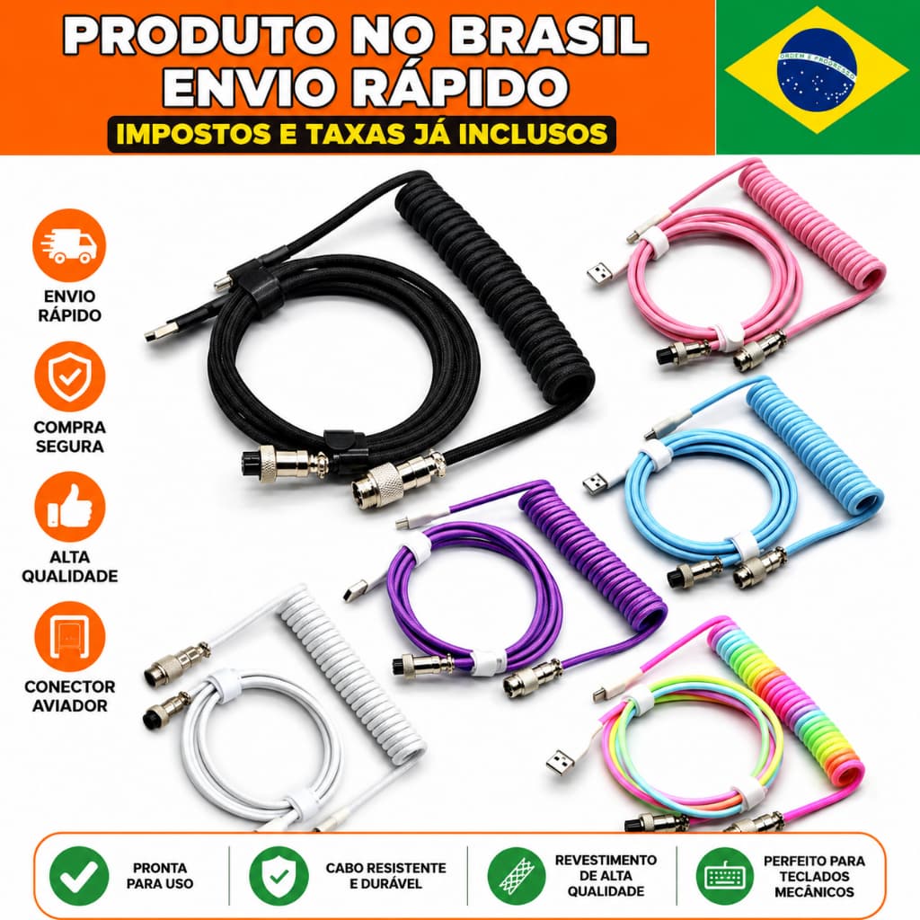Cabo Coiled para teclado mecânico conector USB Tipo-C PC gamer.