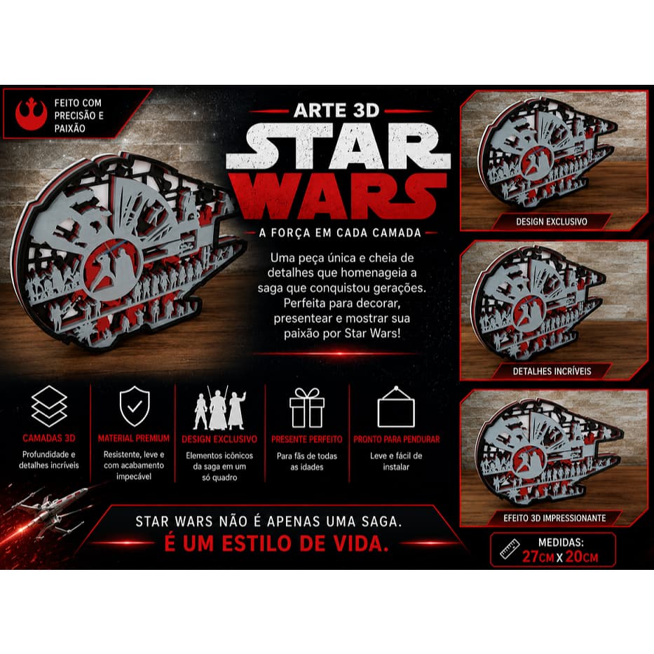 Arte 3D Star Wars Millennium Falcon Multicamadas 27x20cm | Quadro Decorativo Geek Colecionável