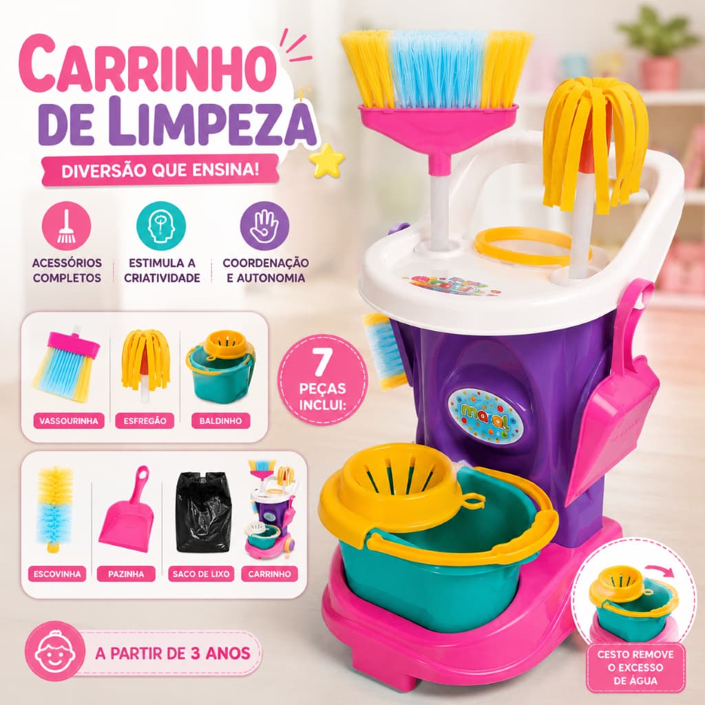 Carrinho Limpeza Infantil Educativo Organizacao Brinquedo Criancas Pequenas Pratico