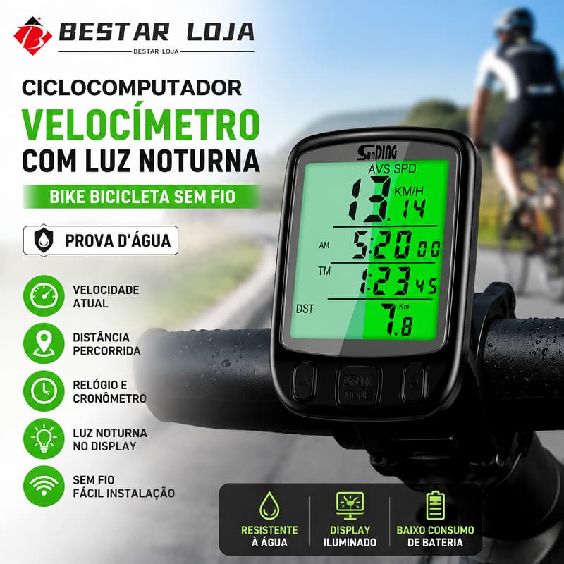 BESTAR LOJA  Ciclocomputador Velocímetro Com Luz Noturna Bike Bicicleta Sem Fio Prova D'água
