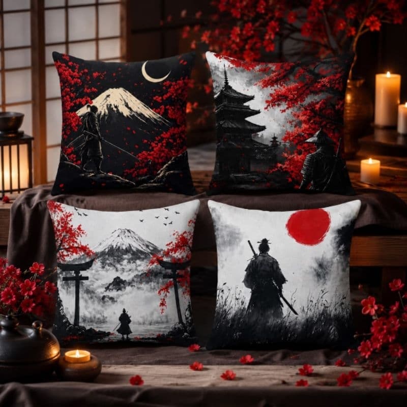 Kit Com 4 Capas de Almofadas, Samurai, Japão,  Monte Fuji, Oriental 45CMX45CM
