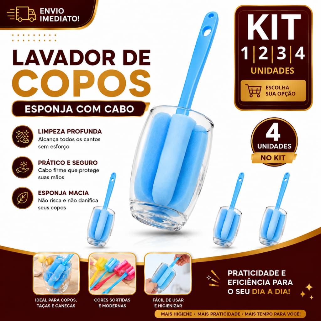 Escova Lava Copos e Taças com Cabo 1/2/3/4 Longo 24cm Limpador de Esponja para Garrafas Copos Canecas Reutilizável