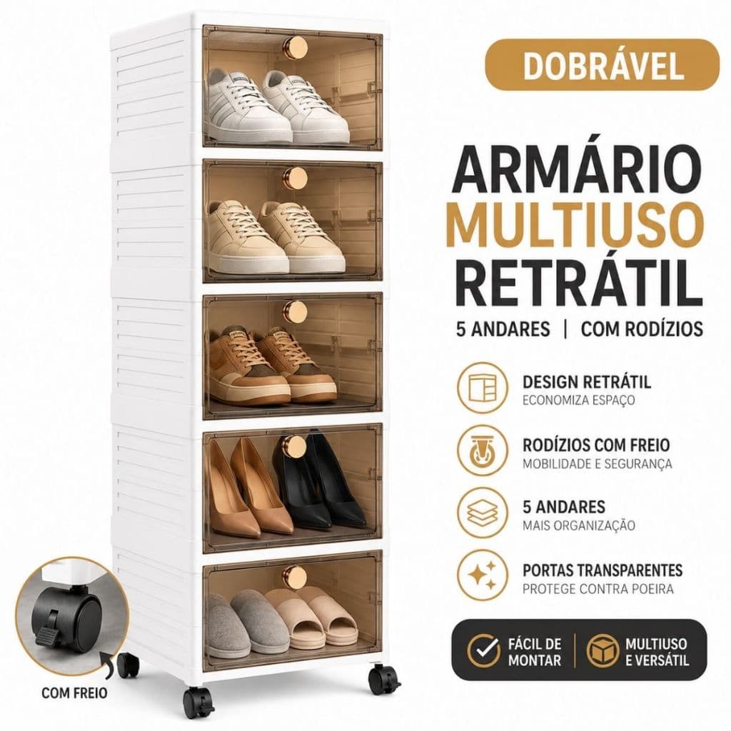 Armário Multiuso Retrátil 5 Andares Rodízios Dobrável Sapateira Vertical Organizador com Rodinhas