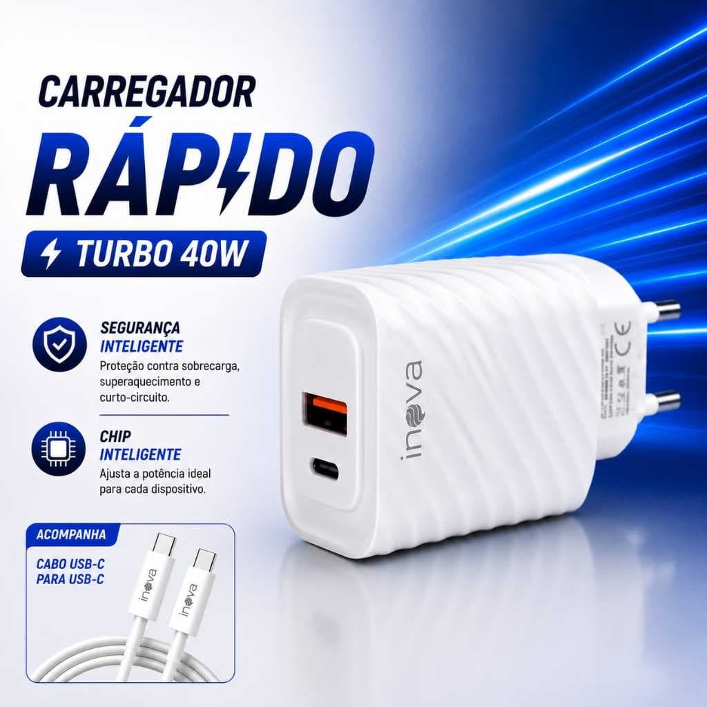 Carregador Turbo 40W USB + USB-C QC 3.0 Carregamento Rápido Bivolt com Cabo USB-C Título Alternativo