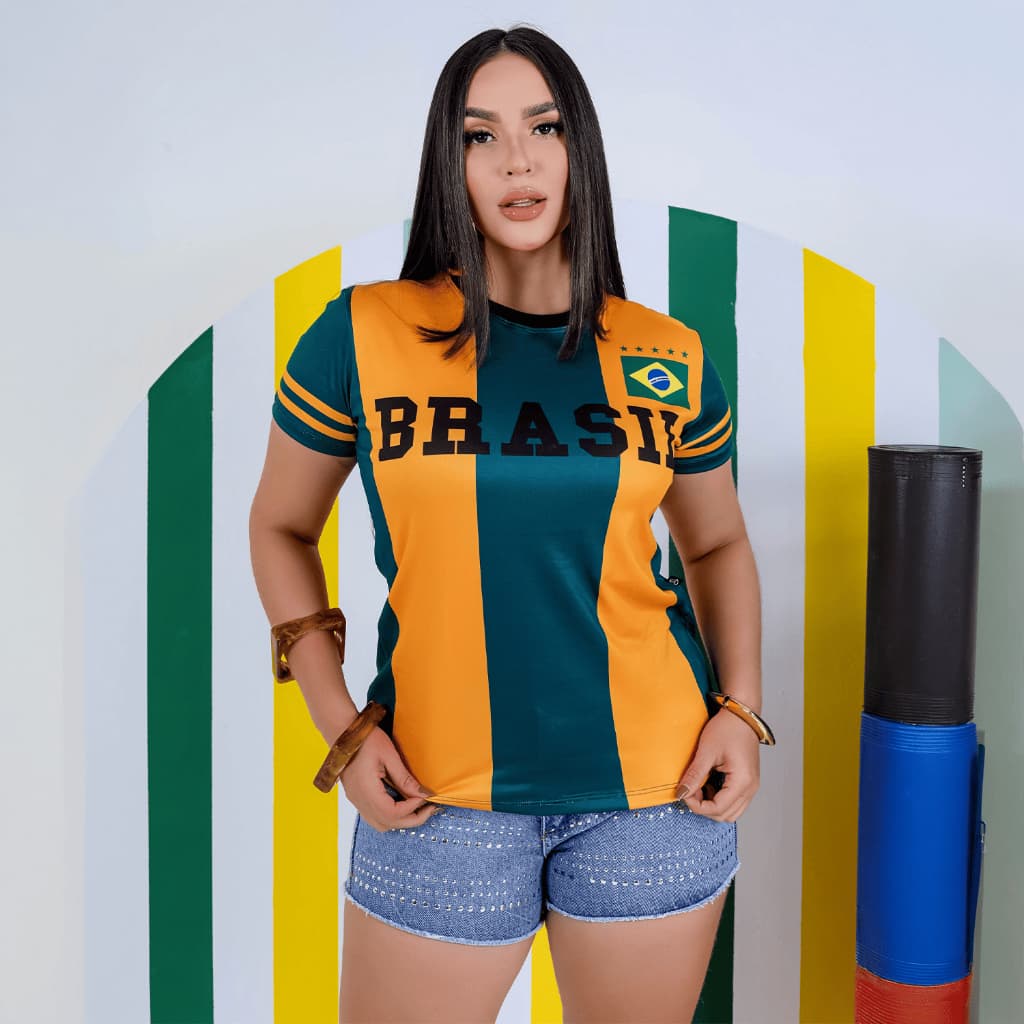 T-shirt Feminina Brasil Listrada Camiseta Baby Look Blusa Manga Curta Verde Amarelo Torcida