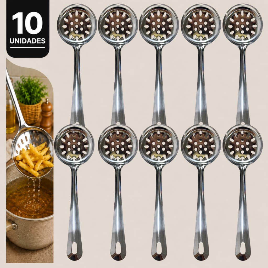 Escumadeira Inox 24cm Resistente Fritura Cozinha Profissional Kit 10 Unidades