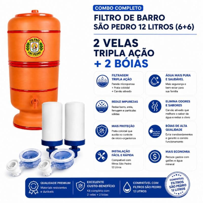 Filtro São Pedro 12 Litros 6+6 Água Pura C/ 2 Velas Tripla Ação