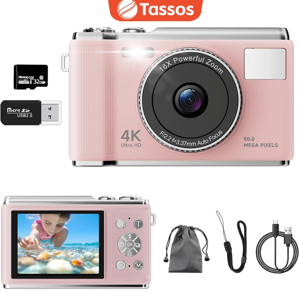 TASSOS Câmera 4K CCD 50MP com Sensor CMOS Zoom Digital 16X Autofoco Reconhecimento Facial Flash Tela LED Cartão 32GB