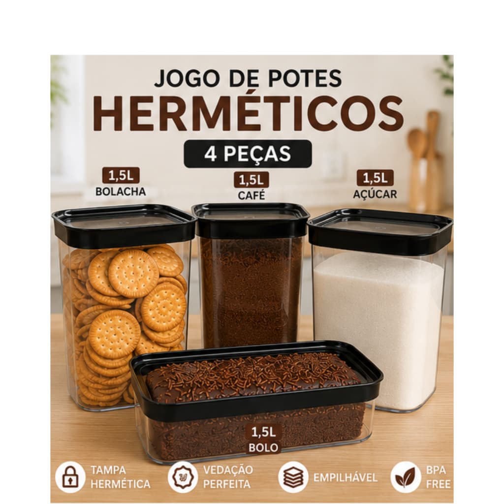 Jogo com 4 Potes Herméticos de Policabornato Café Açúcar Bolo Bolacha.Potes organizador