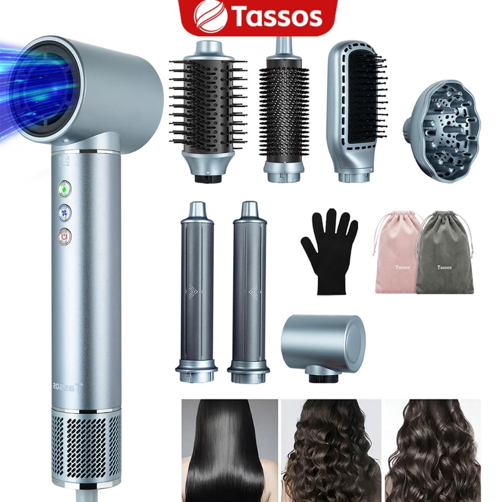 TASSOS Escova Secadora 8 em 1 Conjunto De Secador– Escova Anti-Frizz de Alta Velocidade Alisa,Enrola e Seca Rápido