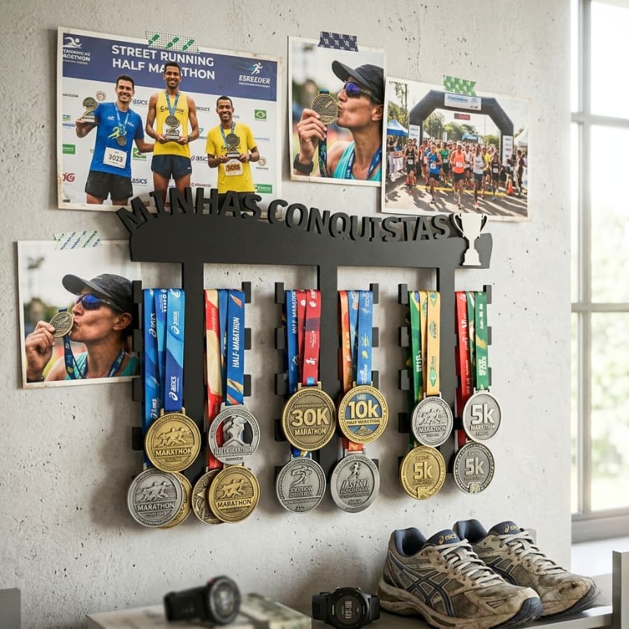 Suporte Parede Medalhas Porta Medalhas Corrida Porta Medalhas Minhas Conquistas Corrida Natação Ciclismo Mdf Dupla Face