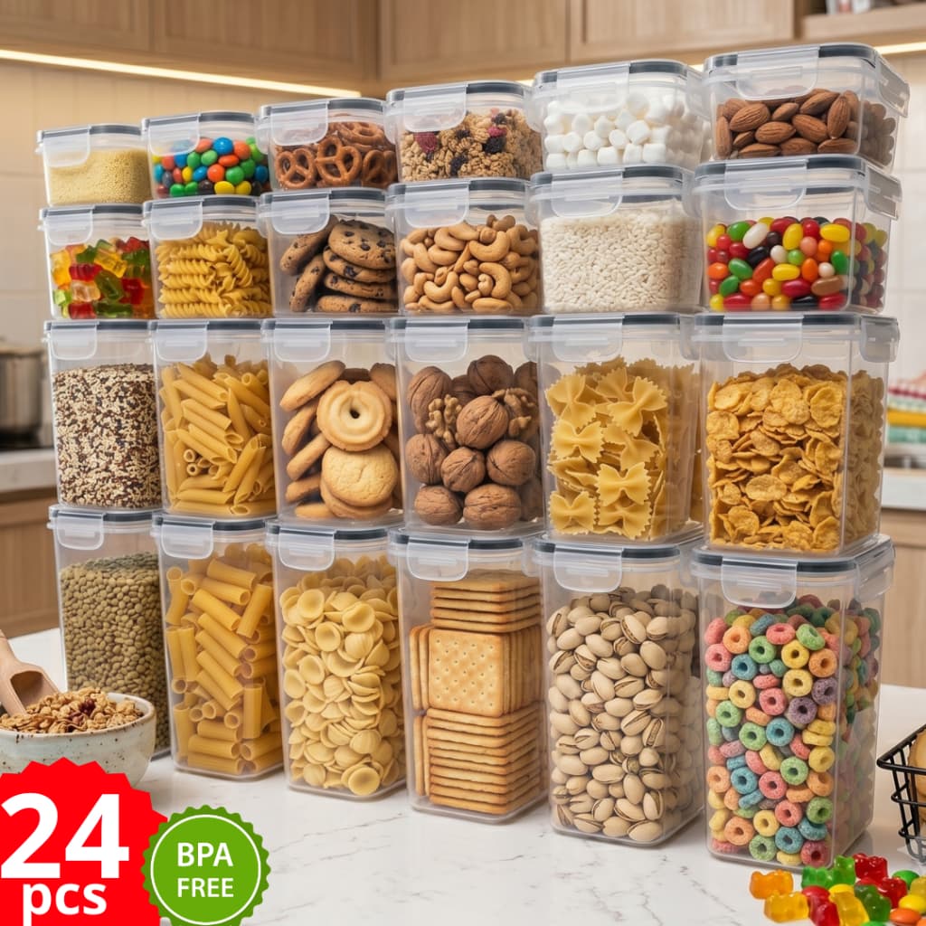 Kit 24 Potes Herméticos BPA Free Multiuso Organização Alimentos Cozinha Transparente Tampa Trava