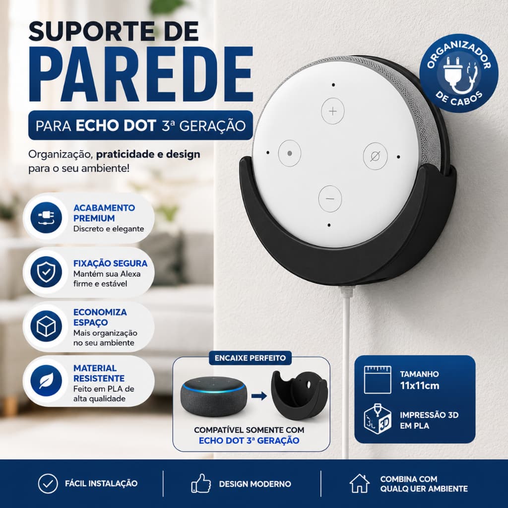Suporte de Parede Para Amazon Echo Dot 3ª Geração Alexa Organizador De Cabos