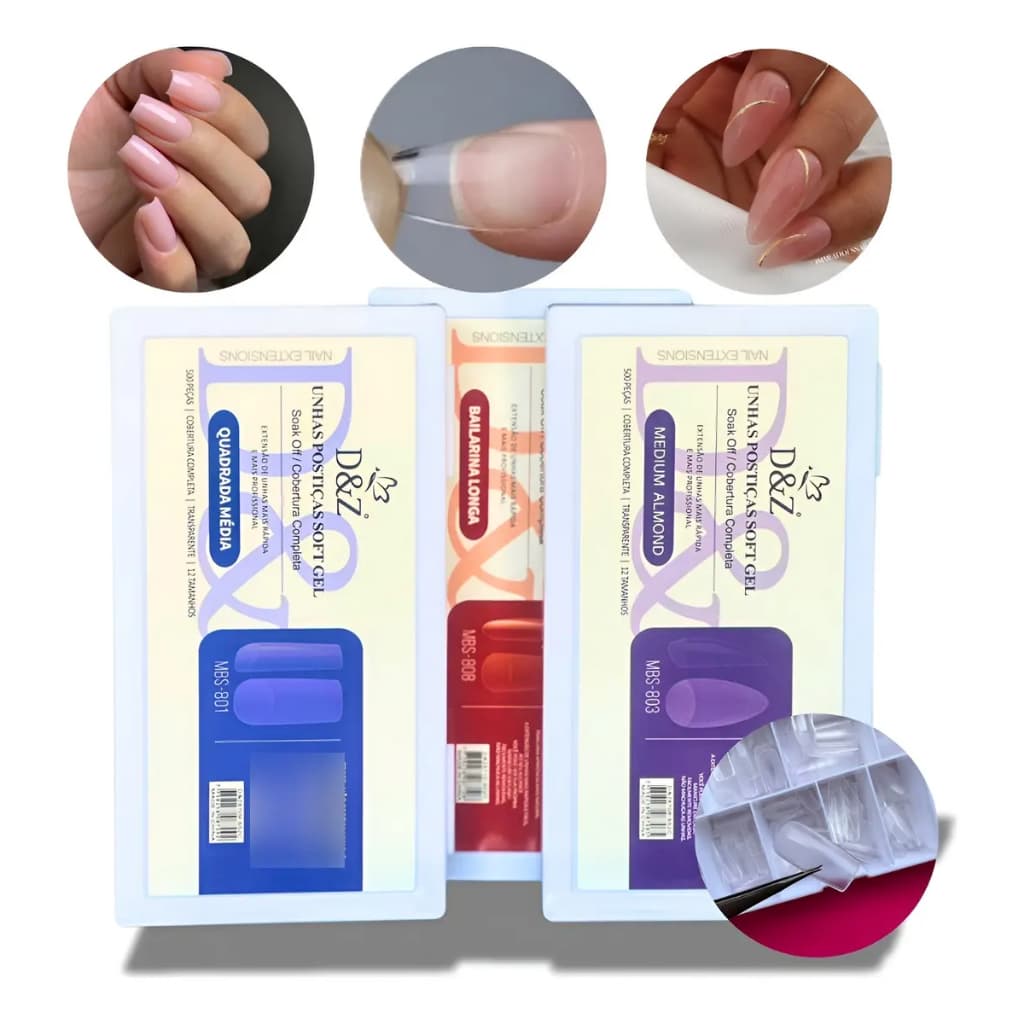 Unhas Postiças Soft Gel Ultra Natural Realista Quadrada Almond Bailarina Longa 500 UNIDADES