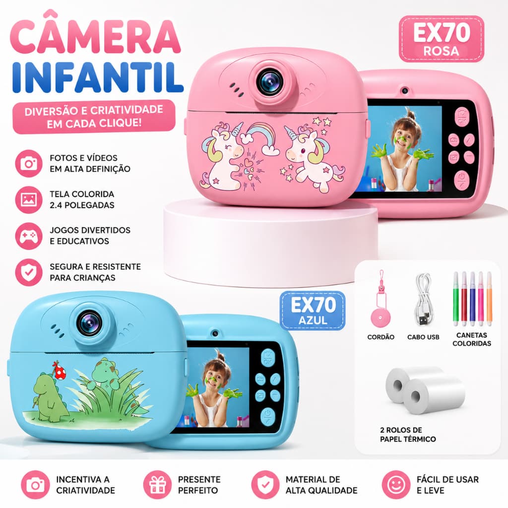 Câmera Imprime Foto Instantânea Infantil Filmadora Full Hd