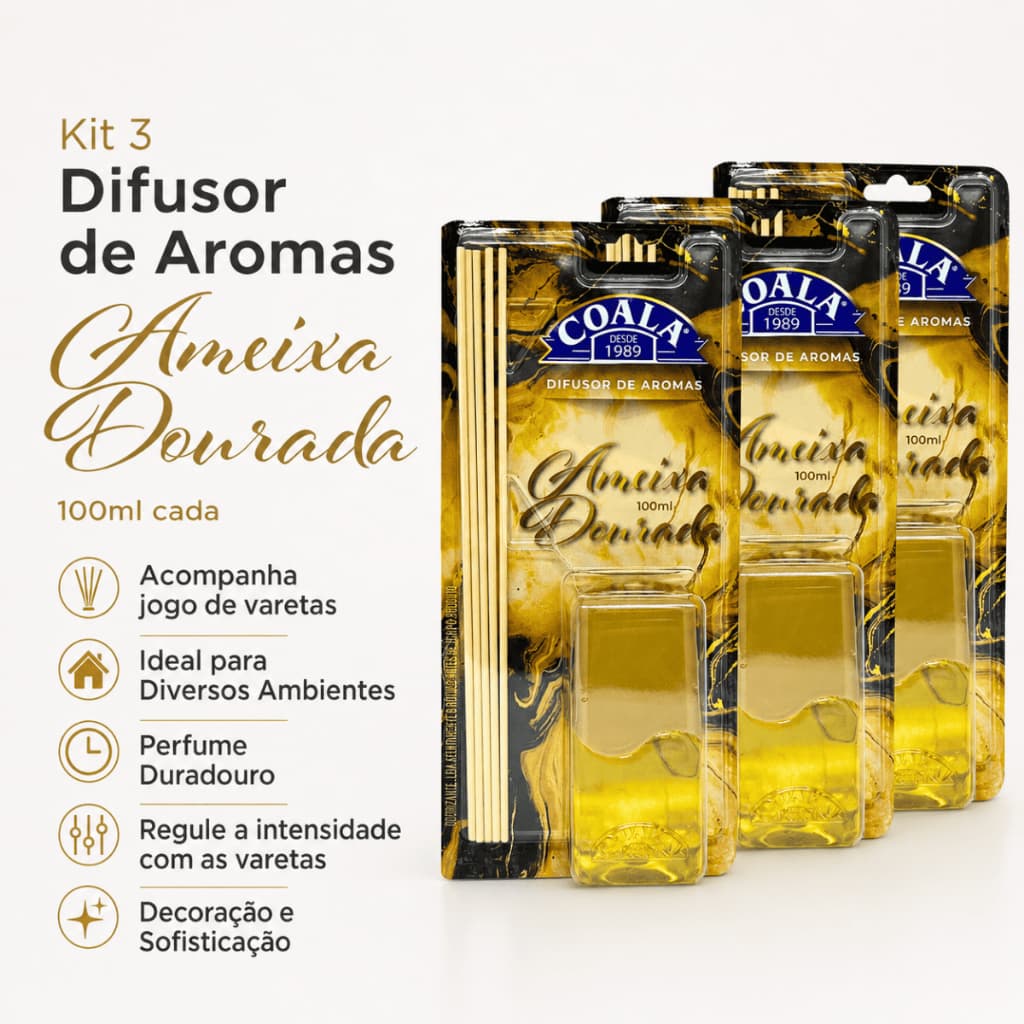 Kit 3 Difusores Coala Ameixa Dourada 100ml com Varetas Aromatizante Ambiente