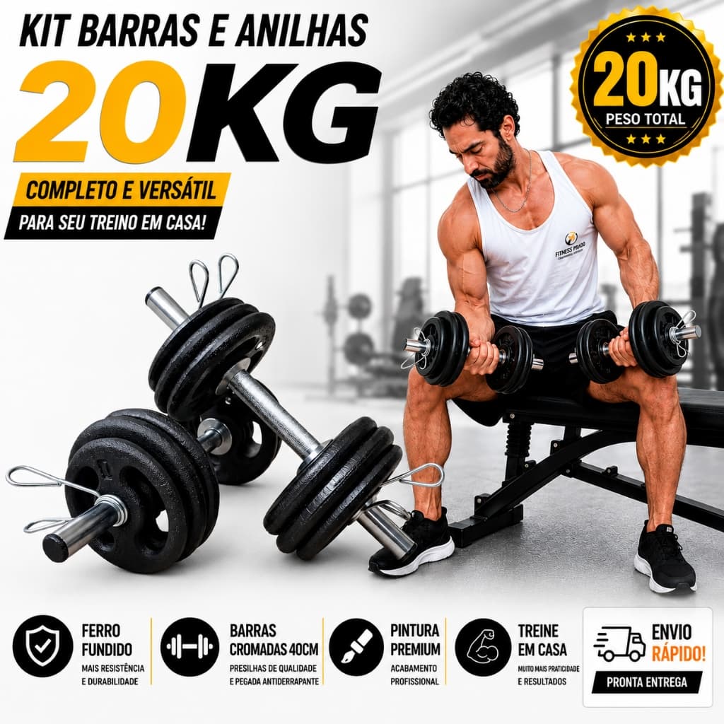 2 Barras de 40cm Oca CROMADA + 20kg de Anilhas Halteres para Musculação - FITNESS PRADO