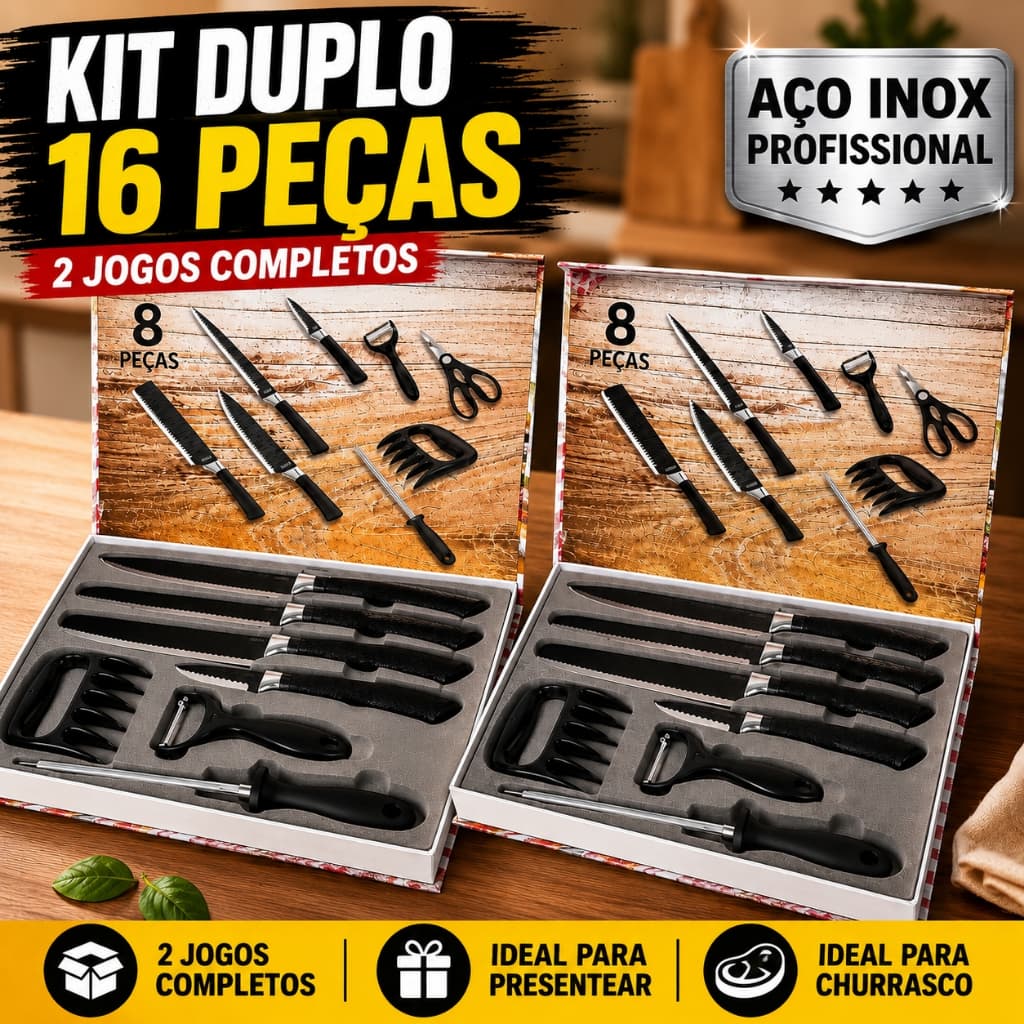 Kit 2 Jogos Facas 16 Peças Chef Profissional Aço Inox Churrasco Cozinha Premium