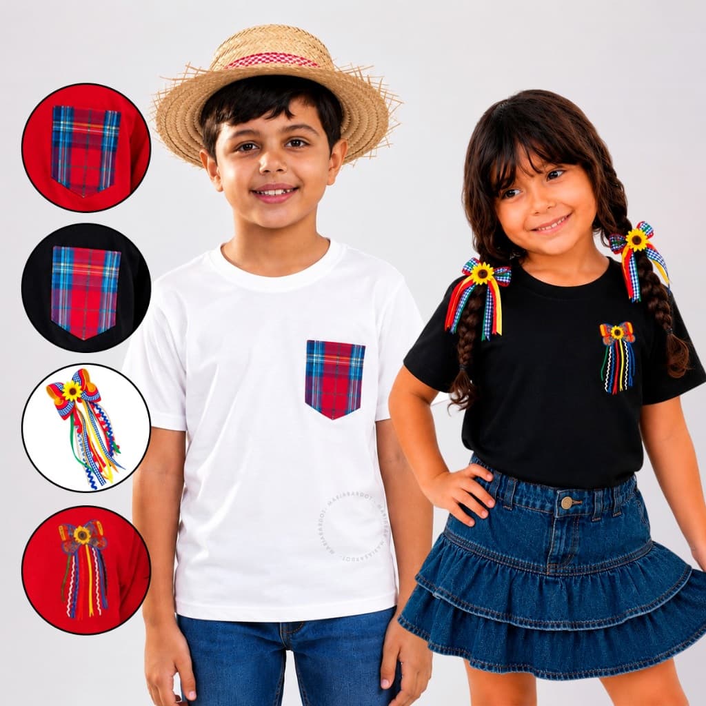 Camiseta Festa Julina Infantil Menino Unissex Algodão Manga Curta Estilo Junina Menina Temática