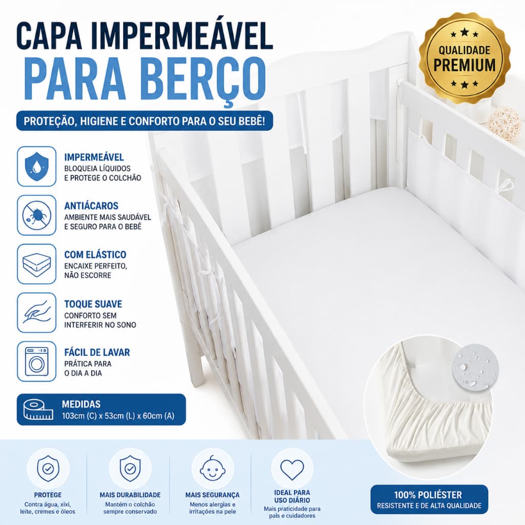 Capa Impermeável para Colchão de Berço Antiácaro com Elástico Protetor Colchão Bebê Branca