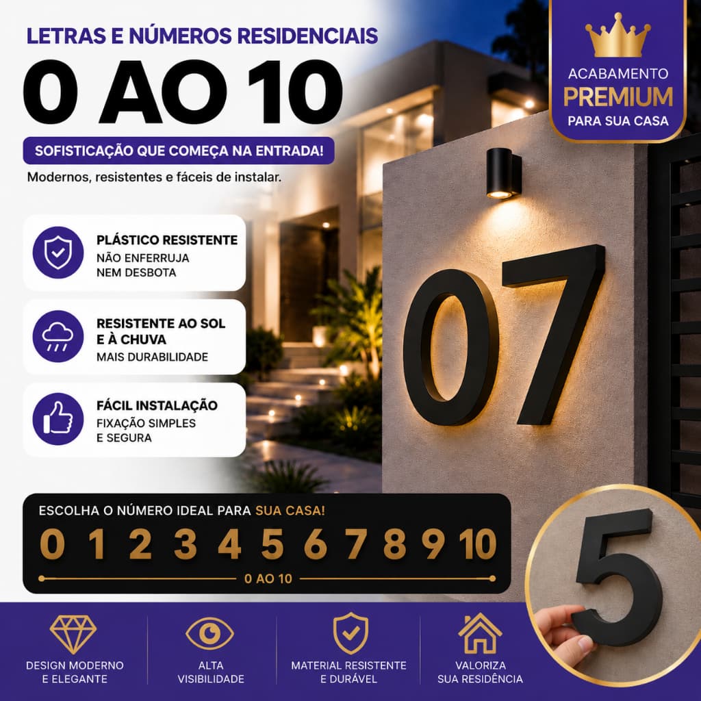 Letreiro Residencial Premium 15cm e 20cm Número Casa Moderno 3D Preto Fachada Luxo