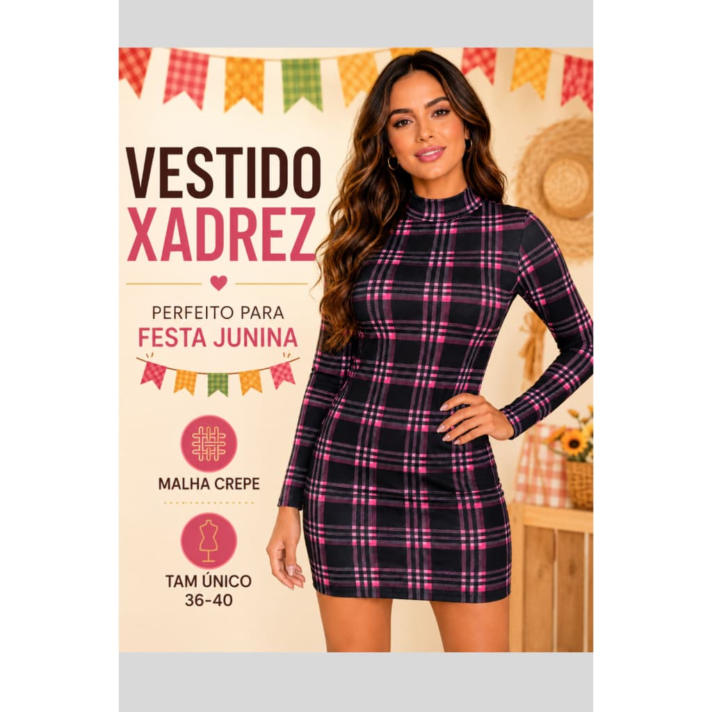 Vestido Xadrez Feminino Manga Longa Festa Junina Malha Crepe Tubinho Sem Bojo Veste 36 ao 40