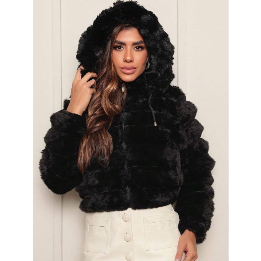 Jaqueta Feminina Teddy Peluciada Puffer Inverno Frio com Capuz e Bolsos