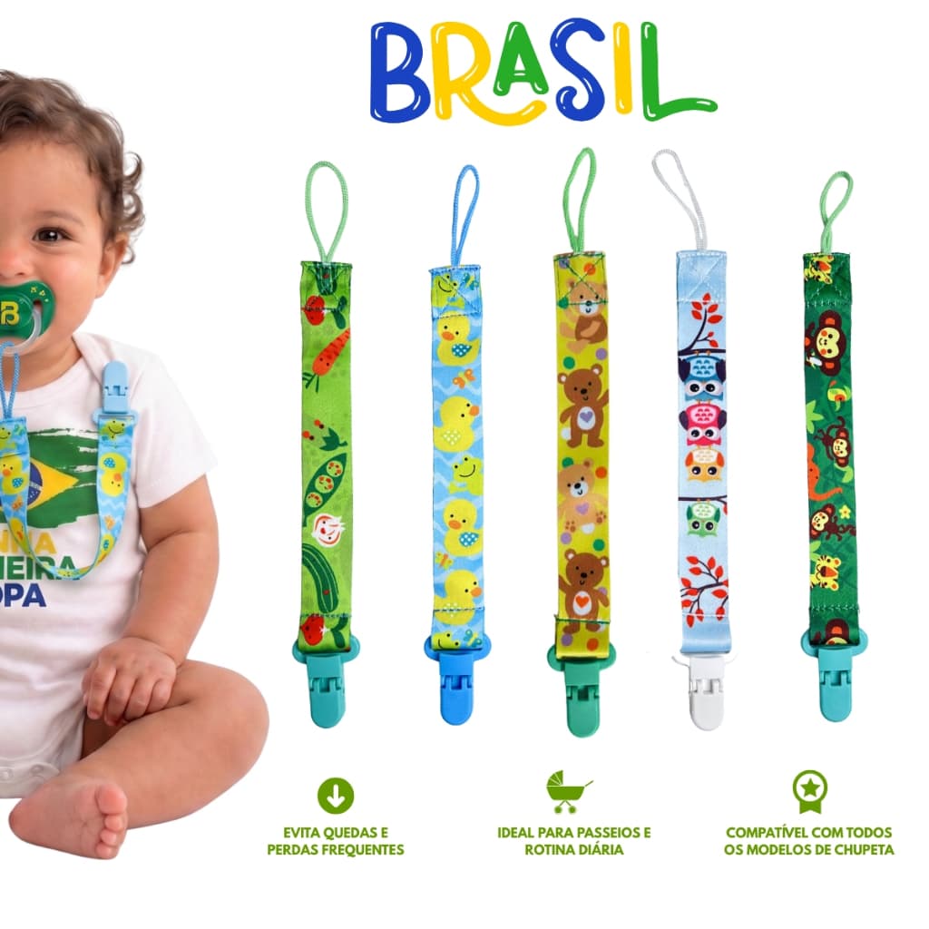 Kit 5 Prendedores de Chupeta Universal Chuca Bebê Tema Copa do Mundo Infantil