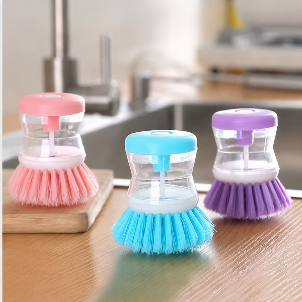 Kit com 3 Escovas com Recipiente para Detergente, para Limpeza de Potes, Panelas e Louças