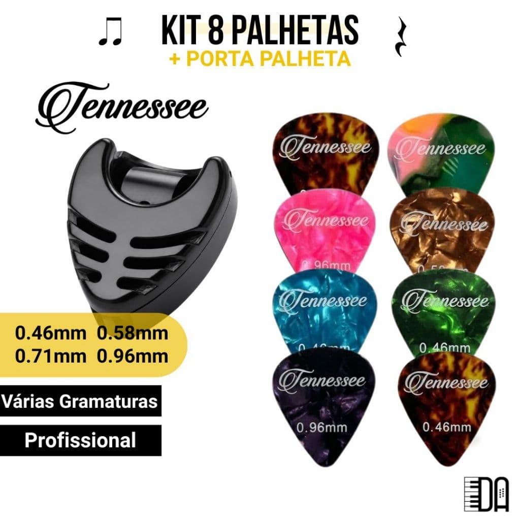 Kit 8 Palhetas Tennesse Liverpool com Porta Palhetas para Violão e Guitarra Várias Gramaturas
