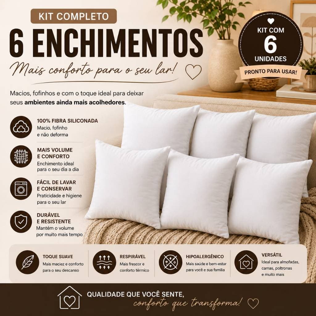 Kit 6 Refil Enchimento De Almofadas 45x45 Para Sofá Lavável Extra Conforto Antialérgico
