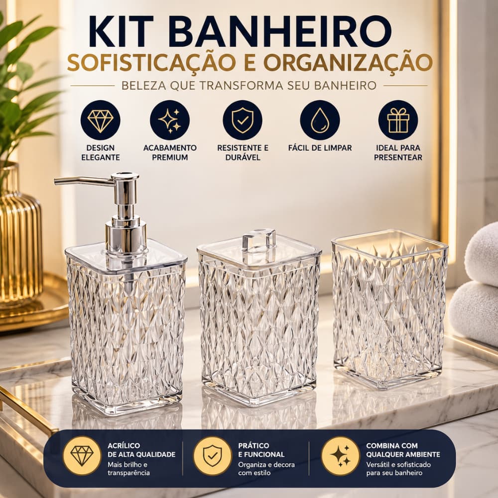 Kit 3 Peças Banheiro Lavabo Glamour Cristal Completo Luxo Plasútil Organizador Utensílios Decoração