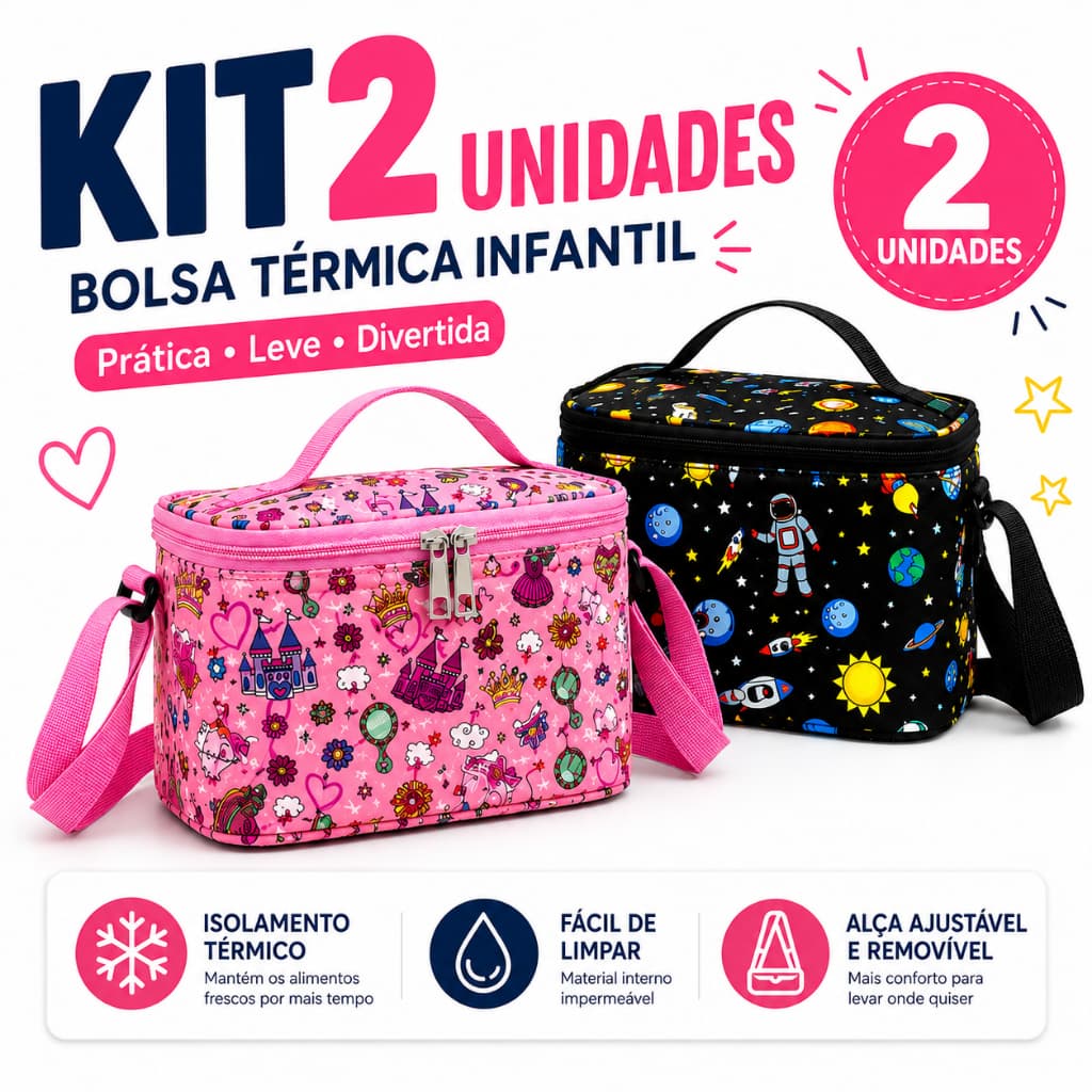 Bolsa Térmica Infantil Kit 2 Unidades Lancheira Impermeável com Alça Ajustável e Isolamento Térmico
