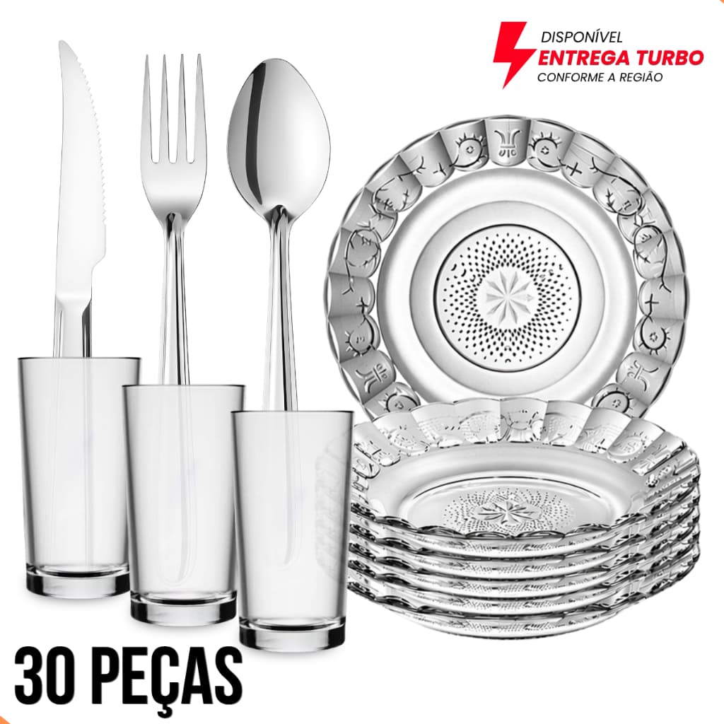Aparelho de Jantar Vidro 30 Peças Pratos Fundos Estrela + Copos 225ml + Talheres Aço Inox Conjunto Completo Mesa Posta