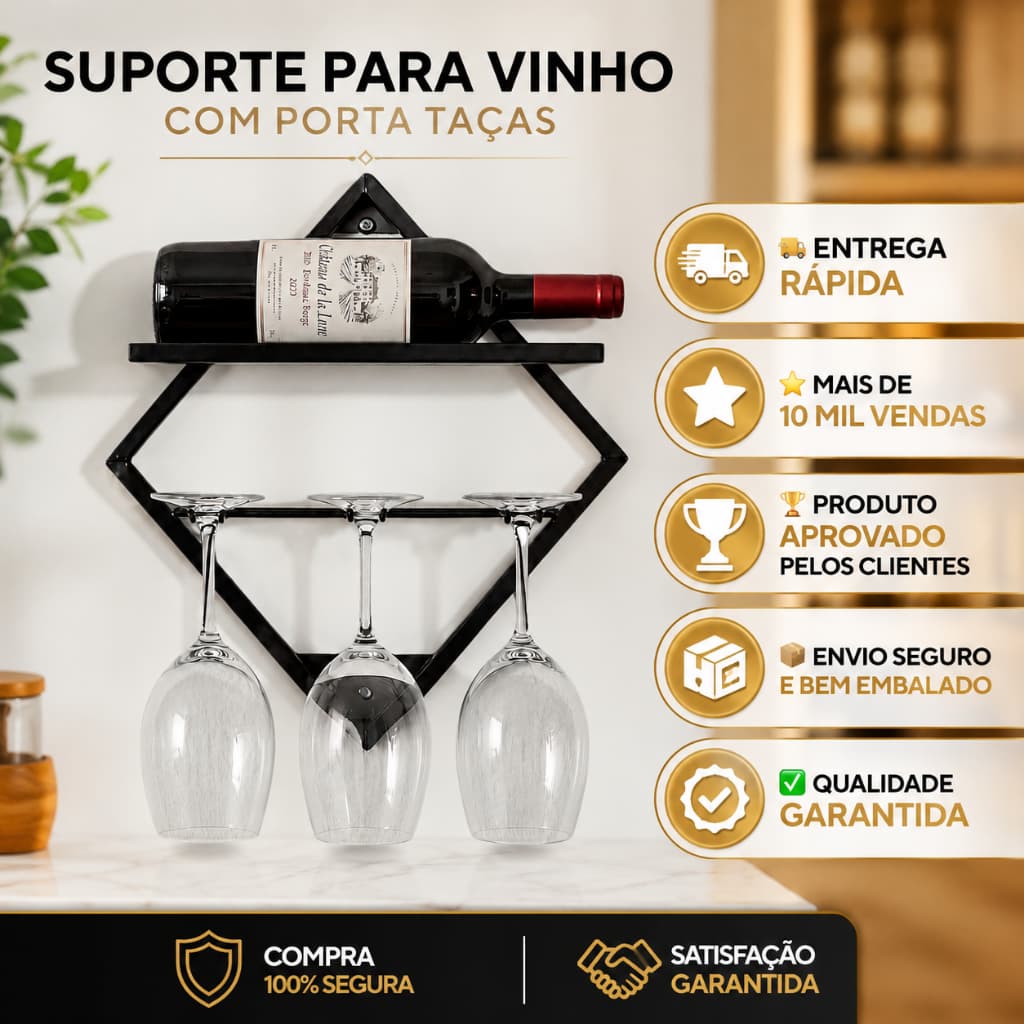Adega De Parede Barzinho Suspenso Prateleira Decoração Porta Taças e Vinho Feito em Aço Metalon Moderno