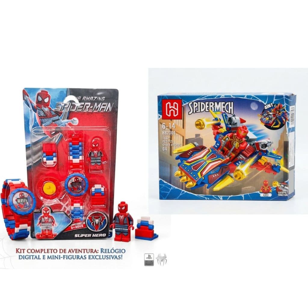 Kit Super Aventura Homem-Aranha: Relógio Digital +  Carrinho Montável 100  Peças- Brinquedo Infantil Presente