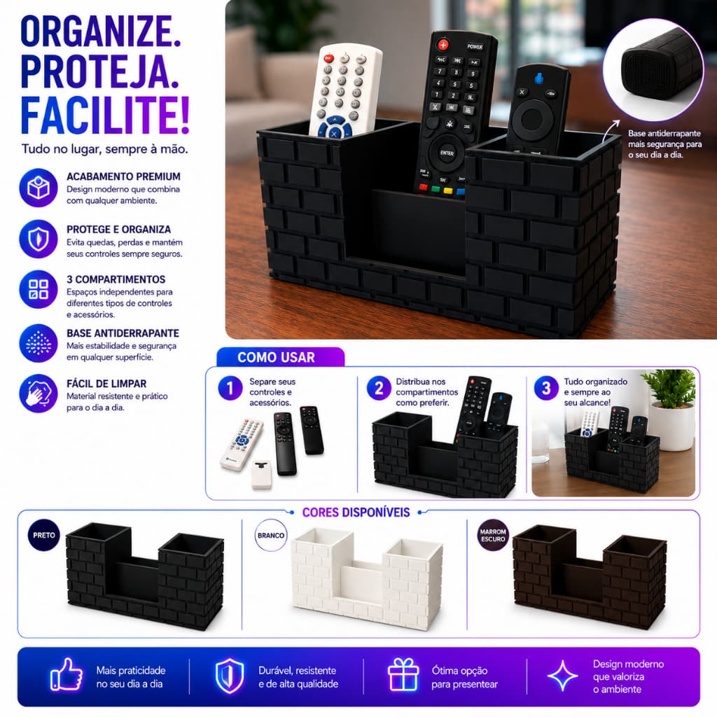 Organizador de Controles Remotos 3 Compartimentos | Porta Controle de Mesa Decorativo 3D