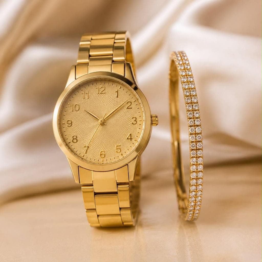 Kit 2 Peças Relógio Feminino Dulock Dourado Quartzo e Pulseira Brilhante Presente
