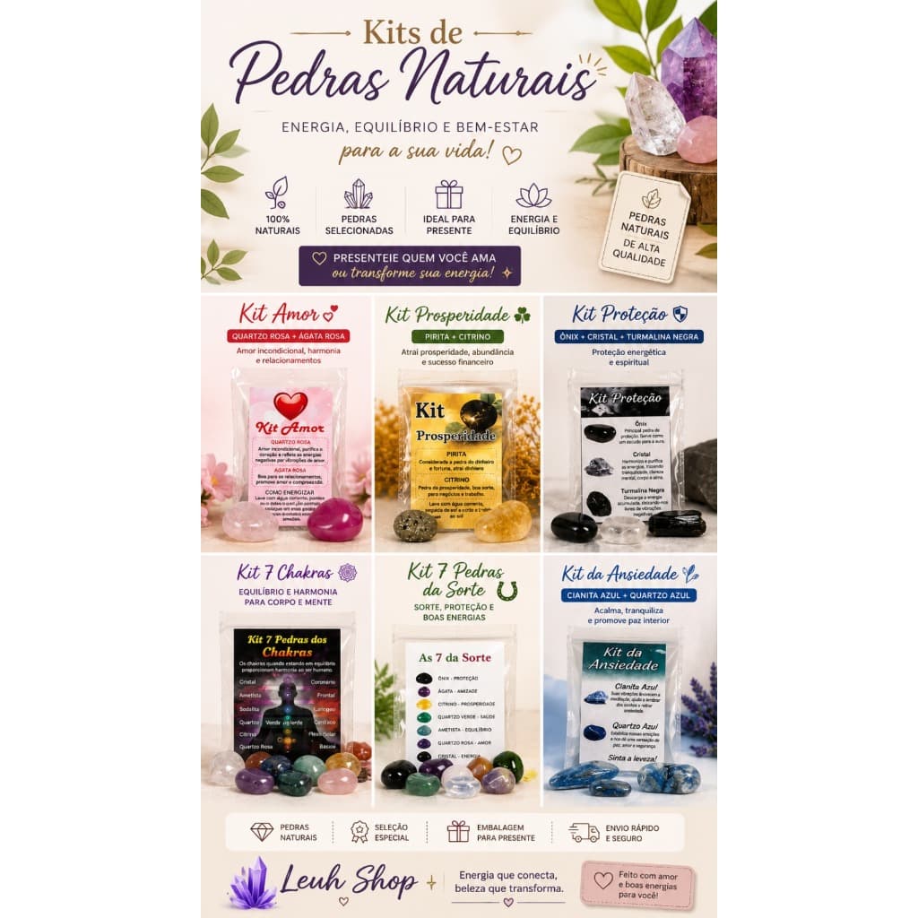 Kits de Pedras Naturais | Amor | Prosperidade | Proteção | Chakras | Sorte | Calma