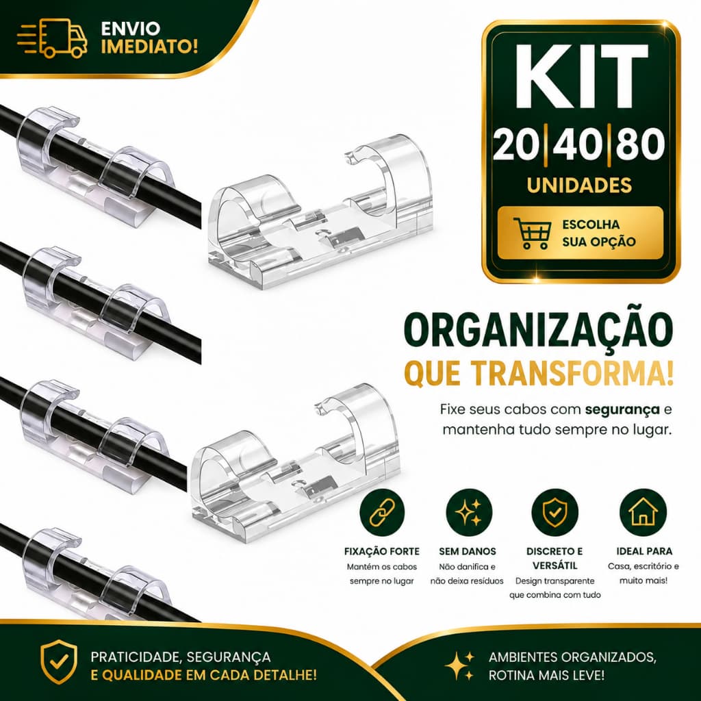 Clip Organizador de Cabos Usb Transparente 20/40/80 com Fita Dupla Face Prendedor de Fios Adesivo