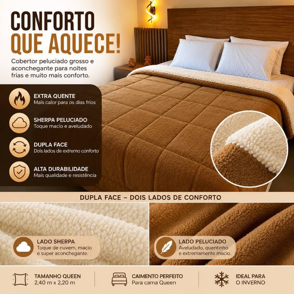 Coberdom Queen Sherpa Dupla Face 2,40x2,20 Cobertor Peluciado Grosso Extra Quente Luxo Inverno