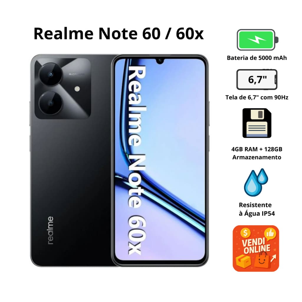 Smartphone Realme Note 60 / 60X 4GB RAM 64GB/128GB Tela 6.74" 90Hz 5000mAh Dual Chip